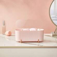Desk Makeup Brush Holder, Clear Lidded Makeup Pad Storage Box, Makeup Sponge & Clean Swab Organizer