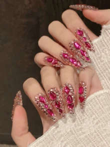 10 szt. luksusowych, ręcznie robionych, nakładanych paznokci, długich, migdałowych, sztucznych paznokci, bezsennych kwiatów, z 3-częściowym narzędziem, klejem do paznokci w formie zakładek, odpowiednich dla dziewcząt i kobiet na przyjęcia świąteczne.