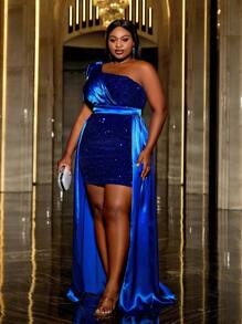 Faeriesty Vestido de fiesta de satén y lentejuelas con escote asimétrico, talla grande, vestido de noche formal, adecuado para cena formal, invitado de boda - azul real - Ver 7