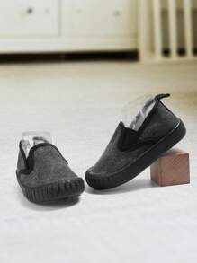 1 Pair Boys' Black Canvas Double Elastic Band Flat Casual Sneakers, Fashionable Simple Style, Comfortable & Breathable For Everyday Wear