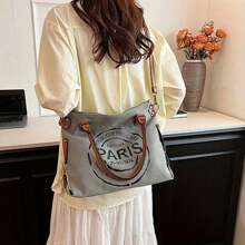 Retro Canvas Tote Bag, Women - Detachable Shoulder Strap, Zipper Closure, Polyester Lining, Graphic Print - Suitable For Gym, Work, Travel And College
