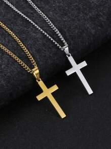 1pc Men's Stainless Steel Non-Fading Cross Necklace, Minimalist Solid Color Versatile Daily Wear Necklace