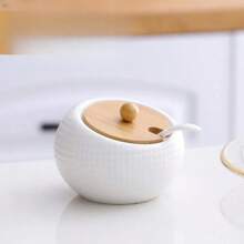 3 件套创意陶瓷调味盒套装 - 日式和韩式，包括带托盘的盖子和勺子，防锈，非常适合在厨房中储存盐、糖、辣椒和香料。非常适合家庭使用、餐饮服务设备和用品，适合所有厨师。