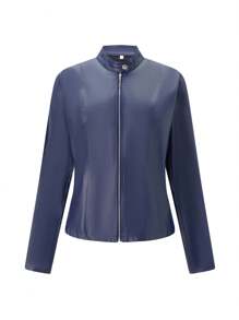 Women's Vintage Black Faux Leather Jacket Elegant Slim Moto PU Biker Jacket Outerwear, Long Sleeve Zipper Short Jacket Casual Party Jacket - 藏青色 - 查看 4