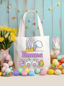 Personalized Easter Bunny Canvas Tote Bag, Custom Name Easter Bag, Bunny Ears Easter Bunny, Kids Easter Bag, Reusable Tote, Easter Basket,Portable,Multifunction,Versatile,Large Capacity,Lightweight,Functional,Practical,All-Purpose,Colorful,Adorable,Funny,Kawaii,Vacay Vibes/Vacation,Minimalist,Unisex,Leisure,Commuting,Custom,Personalized,Unique,Customized,Ideal Gifts For Her,Boyfriend,Girlfriend,Family,Women, Rookies & White-Collar Workers,Friends,For Anniversaries,For Birthdays,For Outdoors/Outings/Travel/Hiking/Stadium/Sports/Climbing,For Business/Commute/Work/Office - White - View 3