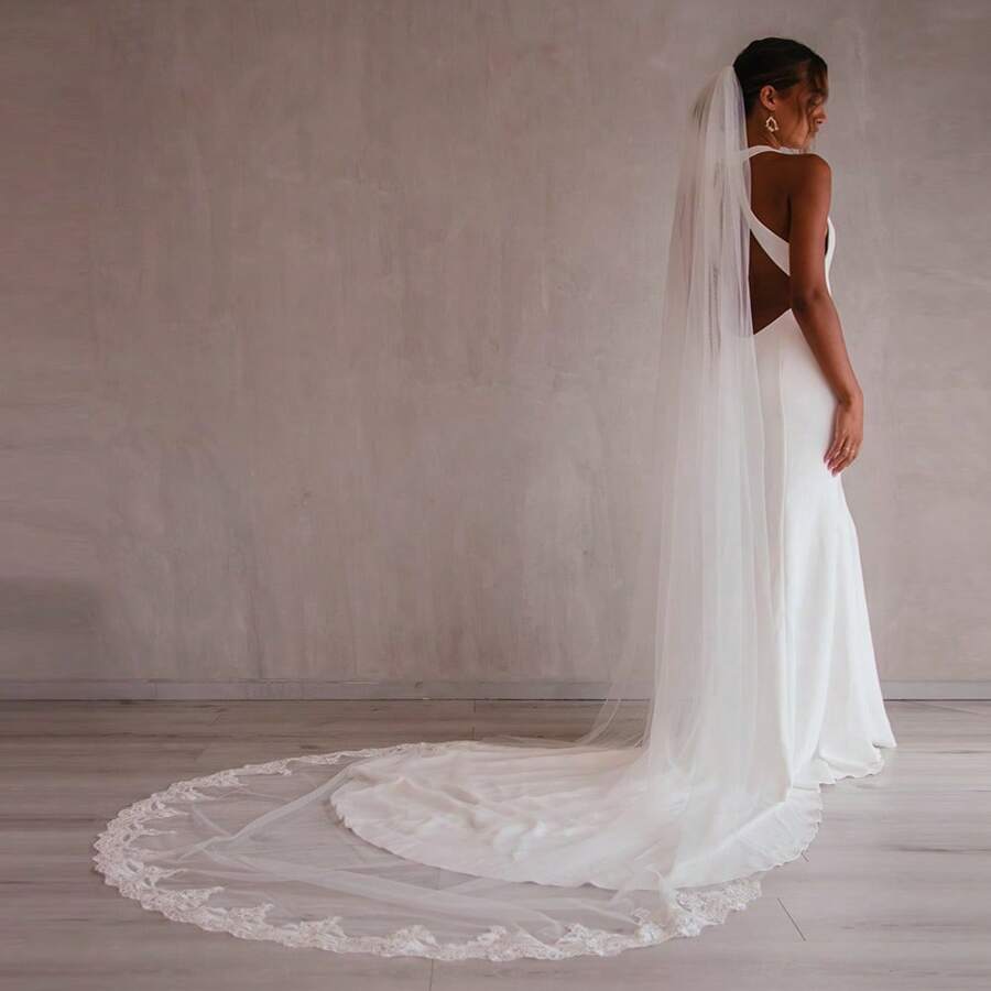 1 件新娘婚礼拍摄面纱，优质蕾丝拖尾面纱，婚纱配饰，女士纯色秋装 - 米色 - 查看 1