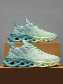 1 paire de chaussures de course décontractées et respirantes, style sport, en tricot à rayures de flamme, avec design à lacets à l'avant, pour homme