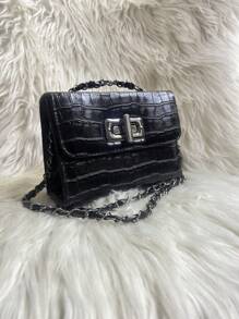 Women's Crocodile Shoulder Bag With Crossbody Strap And Swivel Closure - Hitam - View 1