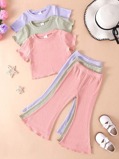 6pcs/Set Girls Casual Solid Color Pleated Soft Comfortable Knit Short Sleeve T-Shirt And Wide Leg Pants Outfit Set, Suitable For Outdoor Wear, Spring/Summer