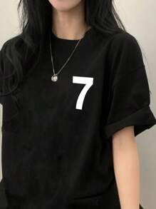 女款寬鬆圓領短袖T恤，休閒數字英文印花，春夏季 - 黑色 - 查看 2