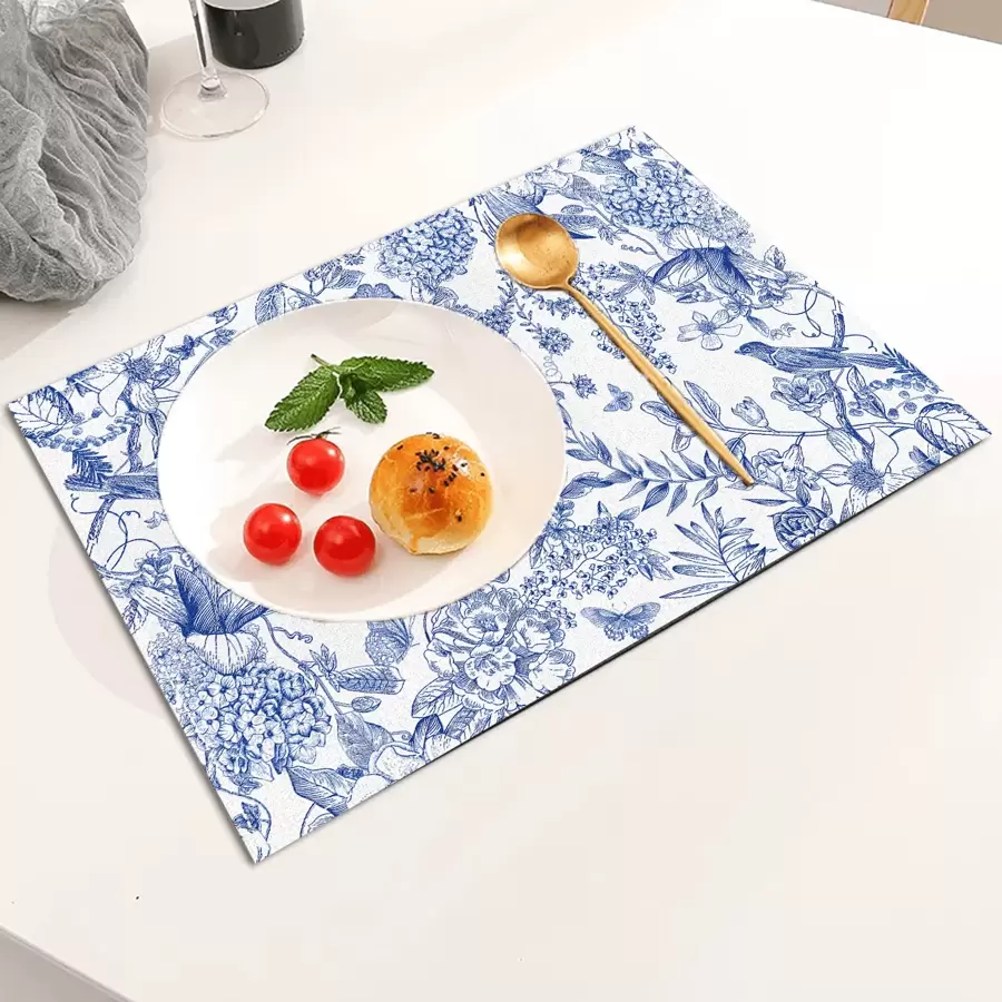 1/4/6 Pcs Chinese Style Hydrangea Floral Print Polyester Linen Placemats, Spring Season Dining Table Mats, Heat Insulation Pads, Kitchen Decor Table Mats, Western-Style Dining Table Mats - LJQYMCD-1143 - View 1