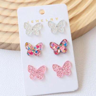 3 对彩色可爱儿童耳钉套装，适合儿童佩戴或作为礼物（随机卡片）