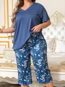 Plus Size Fashion Printed V-Neck Short Sleeve Pajama Set - Navy Blue - View 3