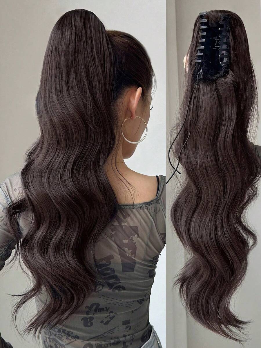 24 Inch Brown Wavy Thermoplastic Synthetic Ponytail Hair Clip, For Daily Use