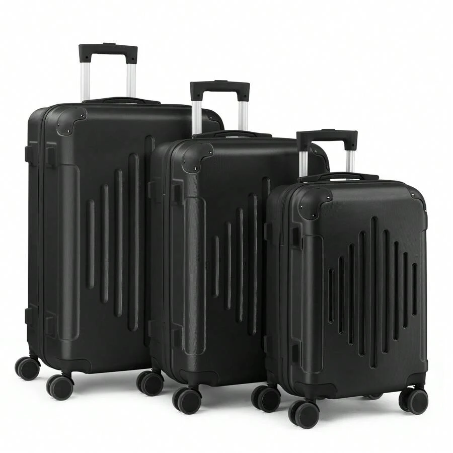 3 Piece Travel Suitcase With Corner Protectors, 20/24/28 Inch, Durable Hard Shell, 360 Degree Spinner Wheels, Multifunctional, Large Capacity, Lightweight, Fashionable Multicolor - 3 in 1黑色 - 查看 1