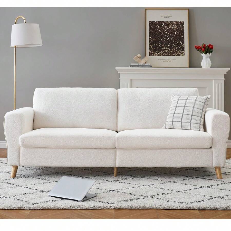 84'' Mid-Century Sofa Couch, Large Sofa With Streamlined Armrests And Wood Feet, Boucle Couches For Living Room, Bedroom - White - View 1