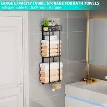 HapiRm Towel Rack Bathroom Storage - 3 Tier Over The Door Towel Rack With Metal Shelf Basket And 6 Hooks Wall Mount Towel Holder Rolled Towel Organizer For Small Bathroom Black
