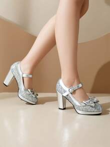 Sparkly Crystal Rhinestone Princess Mary Jane Party High Heel Shoes, Cute Bow Square Toe Thick Strap Pumps For Women