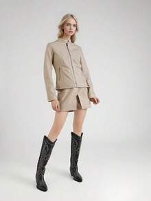 Fashionable Solid Color Front Zipper Cropped Jacket, Spring/Autumn