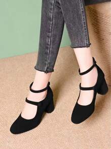 Women's Chunky Heeled Spring Mary Jane Shoes, New Soft Leather Strap Vintage Suede Round Toe Black Slip-On Pumps