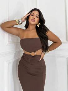 Women's Midi Dress With Strapless Slit And Silver Metal Detail - Rust Brown - View 3