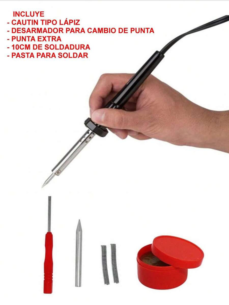 Cautin tipo lapiz 30w de potencia incluye pasta, soldadura punta extra para soldar circuitos electricos - Negro - Ver 1