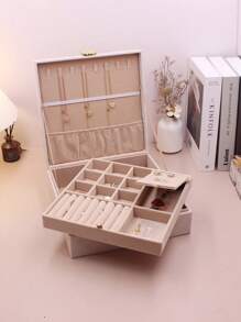 1pc High-End Luxury Chessboard Pattern Leather Texture Dual Layer Jewelry Box, Multi-Functional Jewelry Storage Box For Necklaces, Rings, Earrings, Bracelets, Daily Jewelry Storage