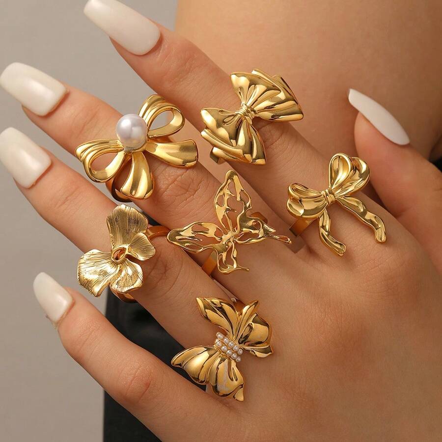 时尚优雅不锈钢金花开口戒指 - 款式2 - 查看 1