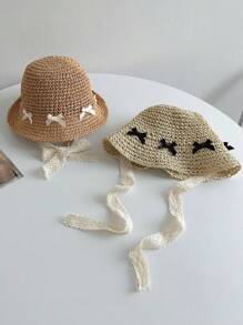 1pc Baby Girl 1-2Y Handwoven Straw Hat With Drawstring, UV Ion, Spring/Summer - Khaki - View 2