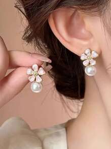 5 Pairs Unique Floral, Heart Shaped, Geometric Faux Pearl Embedded Women Earrings Set, Suitable For Summer Vacation - Multicolor - View 6