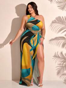 Plus Size Sleeveless Floral Print High Slit One-Shoulder Dress (Random Print) - Yellow - View 2
