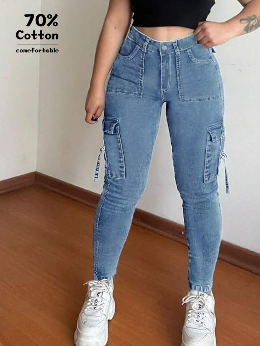 Quần jeans ống bó đơn giản Y2K dành cho nữ, mùa thu - Rửa nhẹ - Xem 1