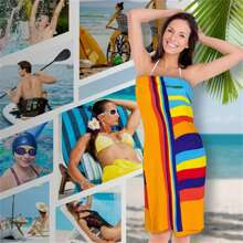 1pc High Quality Ultra Soft Microfiber Beach Towel, Super Absorbent Quick Dry Non-Stick Sand Shawl, Extra Large Size, Suitable For Travel, Yoga, Camping And Swimming - Rainbow Stripe Design, Family Set - Multicolor - View 4