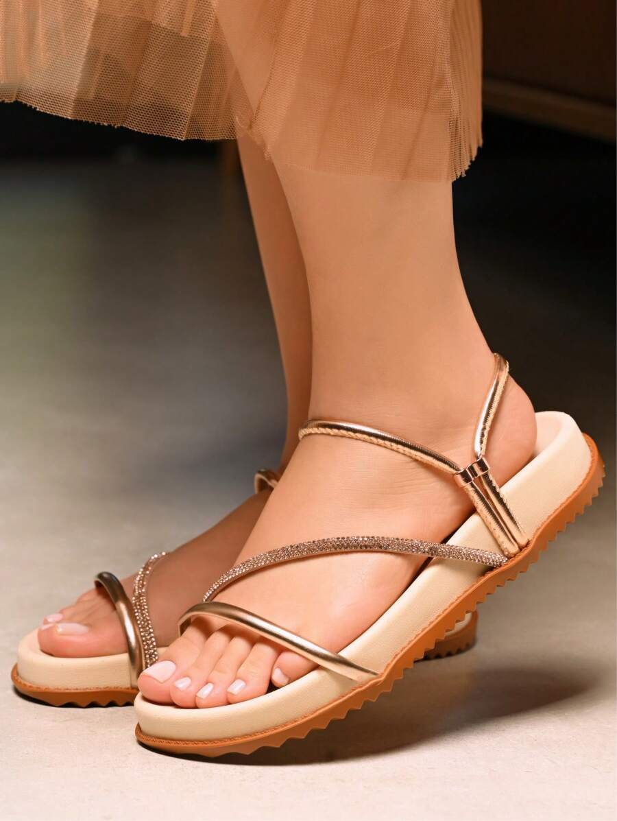 Women's Sandal With Shiny Metallic Rhinestones, 2 In 1 Shiny Bronze Silver Sandal