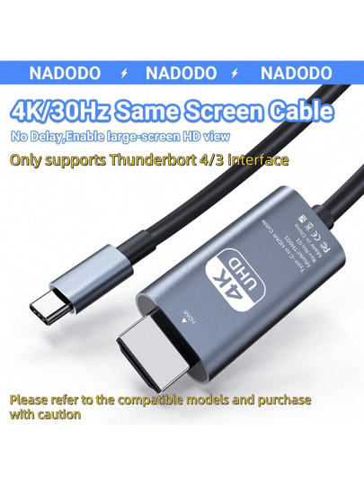 NADODO Cable USB C a HDMI NADODO 4K/30Hz, Adaptador USB Tipo C a HDTV, Conector HDTV Plug and Play de 2m, Compatible con Thunderbolt 3/4, Para Pro/Air, iPad Pro, iPhone 15/16, Galaxy, Portátil, Tableta, PC