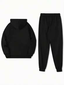 Black Retro Letter Print, Men's Two-Piece Set, Casual Long Sleeved Hooded Sweatshirt And Sweatpants Set, Suitable For Spring And Autumn Seasons, Sportswear Set - Black - View 3
