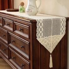 1pc American Country Style Handmade Lace Tassel Table Runner, Decorative For Kitchen, Wedding, Party, Living Room, Dresser