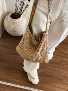 撞色休闲花朵图案斜挎包，复古镂空钩针手提包