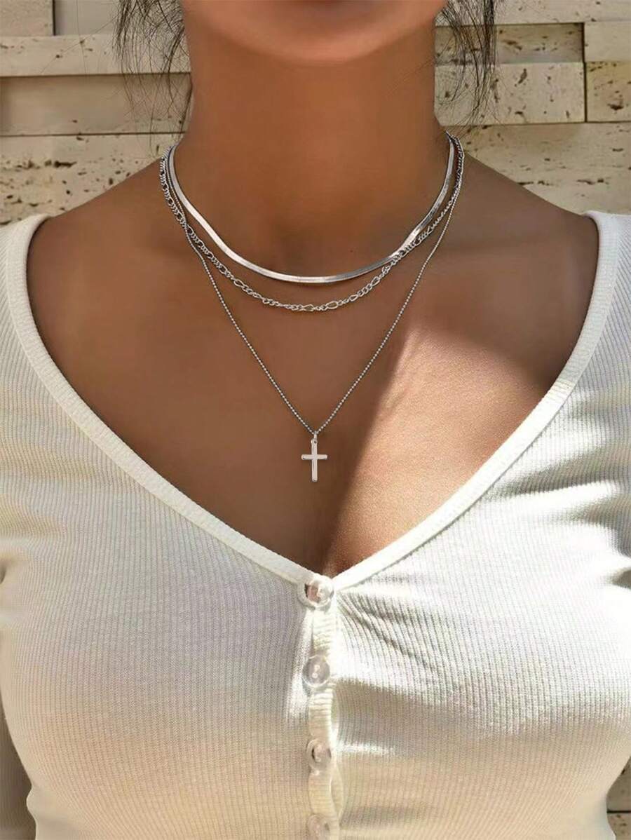 Nooxian 3 件/套时尚银色不锈钢金线扁平叶片链和铜球链多层佩戴吊坠项链 - 銀色 - 查看 1