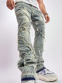 Men's Retro Casual Jeans, Slim Fit Elastic Distressed Design Flared Pants - Bronze - View 3