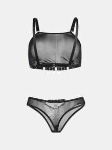 Lencería sexy para mujer, conjunto de 2 piezas de sujetador con embellecimiento de círculo en el cuello, de corte hueco, apta para uso en clubes nocturnos y espectáculos