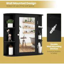 RELAX4LIFE Bathroom Wall Cabinet With Mirror - Medicine Cabinet W/Door 6 Open Shelves And Adjustable Shelves Over The Toilet Storage Cabinet Organizer Mirrored Bathroom Cabinet Wall Mount Black - 黑色1 - 查看 6