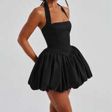 Women Y2K Halter Bubble Mini Dress Sleeveless Ruched Waist Mini Dress Sexy Open Back Tie Up Backless Corset Short Puff Dress Party Cocktail Clubwear Beach Club Streetwear - 黑色 - 查看 9
