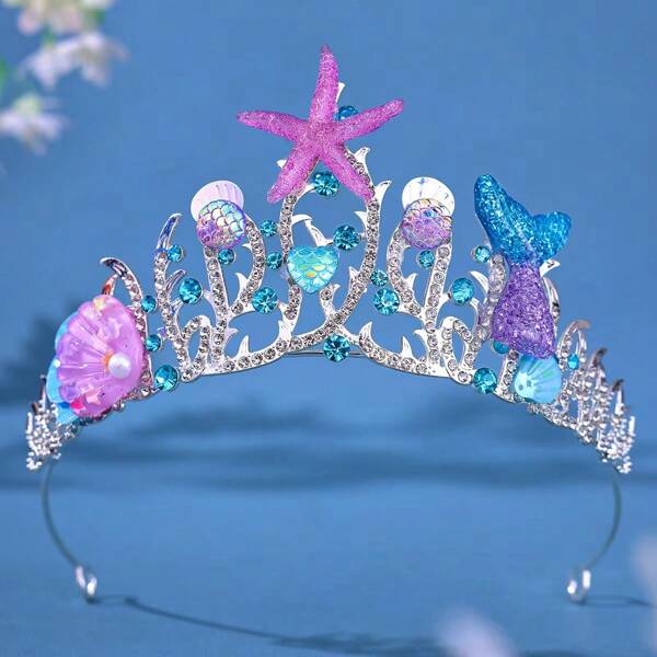 Tiara Feita à Mão com Tema Marinho, Coroa de Tiara com Estrela-do-mar e Concha para Princesa, Festa de Aniversário, Apresentação Temática do Oceano