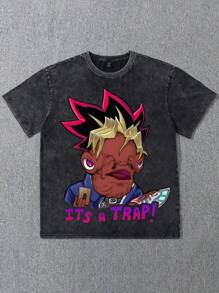 This Is A Trap, Fun Game King Fashion Head Portrait Pattern Printed 230g Washed Cotton T-Shirt, Men's Summer High Quality Printed Washed Cotton Retro Fashion Brand Loose Casual Black T-Shirt, Suitable For Outdoor Wearing In Summer, With A Certain Thickness, For Daily Wear And Friend Gifts, Back To School Gifts, Children's Gifts