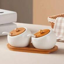 3 件套创意陶瓷调味盒套装 - 日式和韩式，包括带托盘的盖子和勺子，防锈，非常适合在厨房中储存盐、糖、辣椒和香料。非常适合家庭使用、餐饮服务设备和用品，适合所有厨师。
