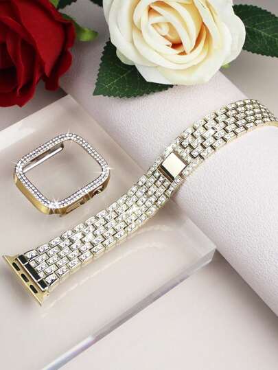 2-In-1 Compatible With Apple Watch Band + Case For Women Stylish And Elegant Shiny Rhinestone Metal Band + Double Row Rhinestone Inlaid Drop-Proof And Scratch-Resistant Pc Hollow Case Compatible With Apple Watch 38/40/41/42 /44/45/46/49mm Band Case Compatible With Apple Watch Series Ultra/11/10/9/8/7/6/Se/5/4/3 Gorgeous Band Case With Band Adjustment Tool