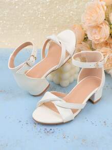 Girls White Fashion Summer Sandals, White Formal Dress, Princess Ankle Strap Sandals For Kids, Flower Girl Wedding Party Dress Chunky High Heel Open Toe Breathable Lightweight Sandals Fits Toddler, Little And Big Girls - White - View 1