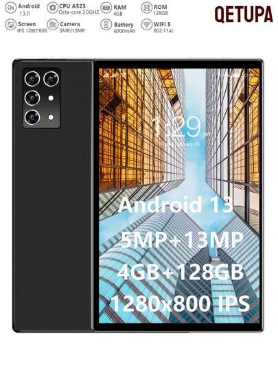 Qetupa S3 10.1 英寸 Android 13 平板电脑，高清（1280x800）IPS 触摸屏，4GB RAM+128GB ROM，A523 八核 2.0GHZ 处理器，5MP 前置摄像头和 13MP 后置摄像头，6000mAh 电池，802.11ac WIFI5 2.4G+5G，BT 5.0，支持 512GB 扩展