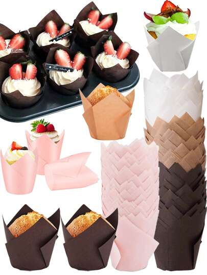 50pcs/100pcs Tulip Shape Cake Liners, Kraft/Natural/White/Pink Paper Baking Cups, Oil-Resistant & Easy Release Cupcake Holders, Suitable For Party & Holiday